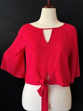 Mossimo Supply Co. Red Polka Dot Tie-Front Blouse 3/4 Sleeves Large